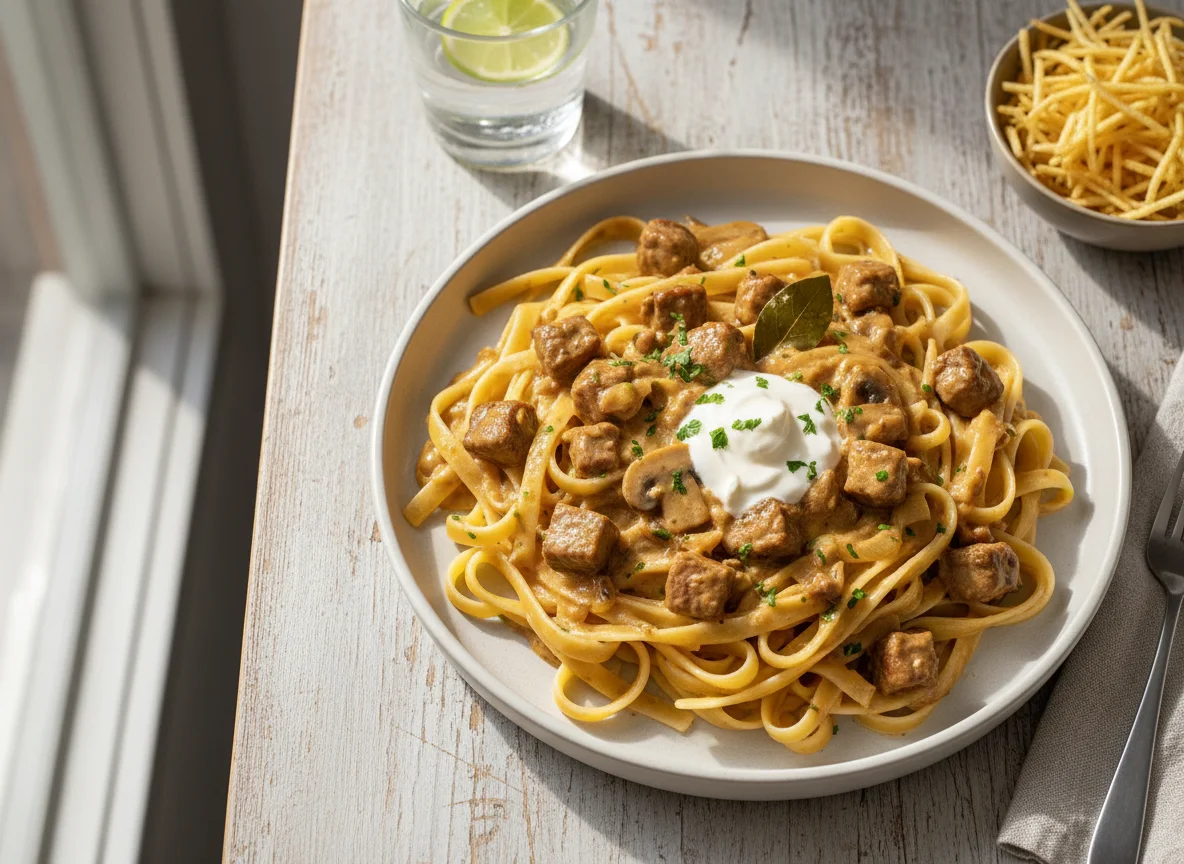 Macarrão com Estrogonofe de Carne photo