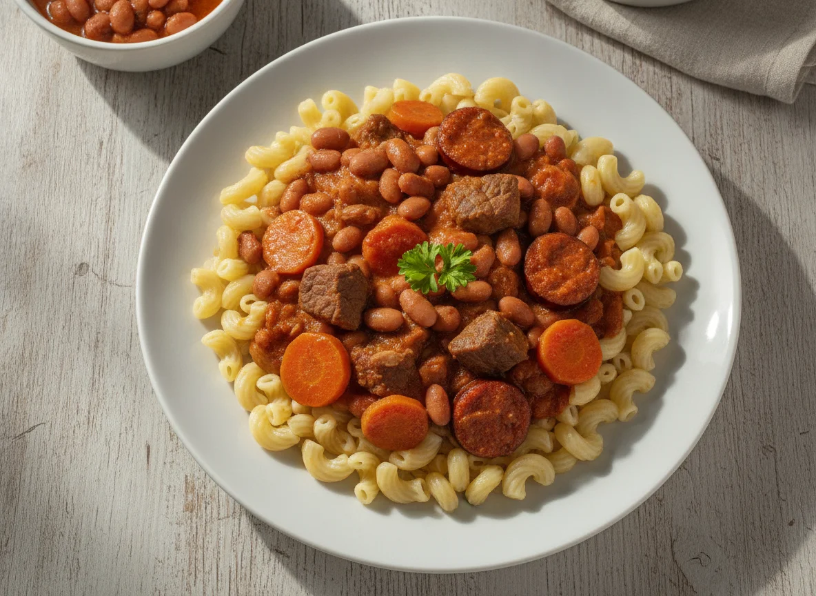 Macarrão com feijão e carne photo