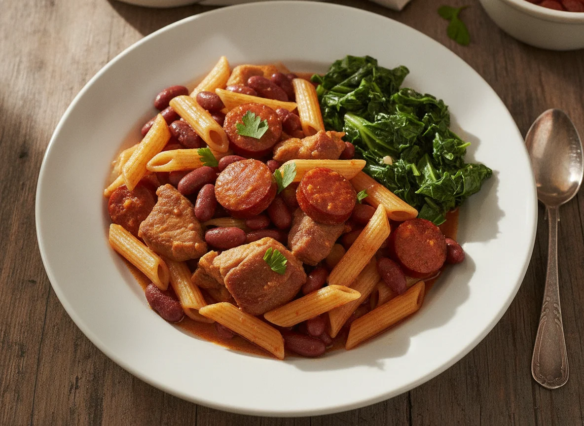 Macarrão com feijão e carnes photo