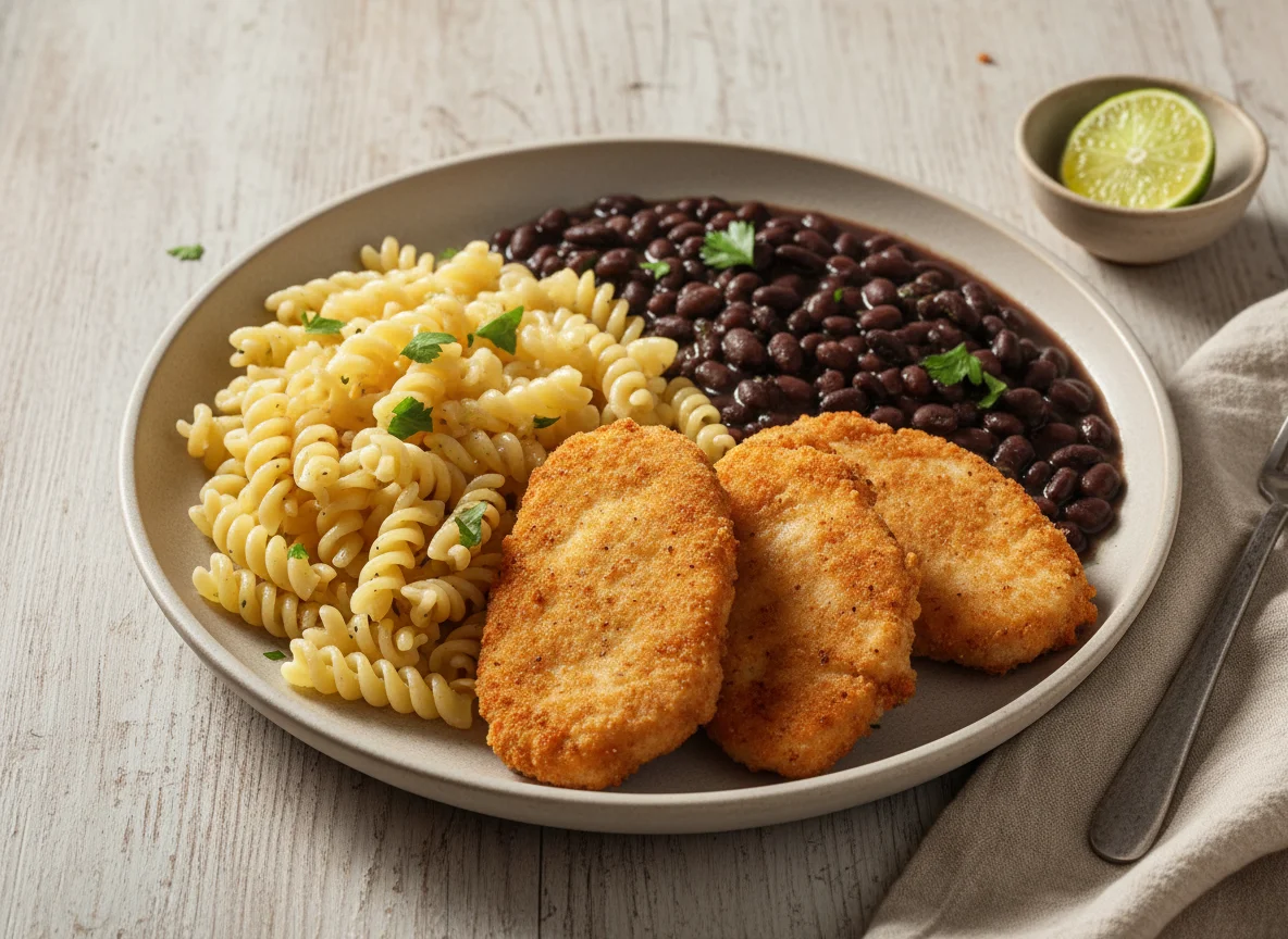 Macarrão com feijão e frango à milanesa photo