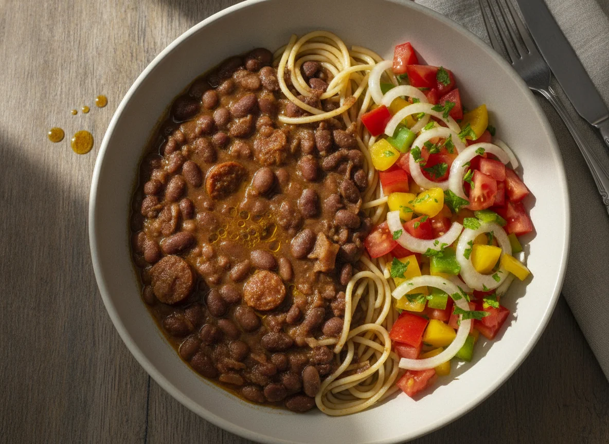 Macarrão com feijão e salada de tomate photo