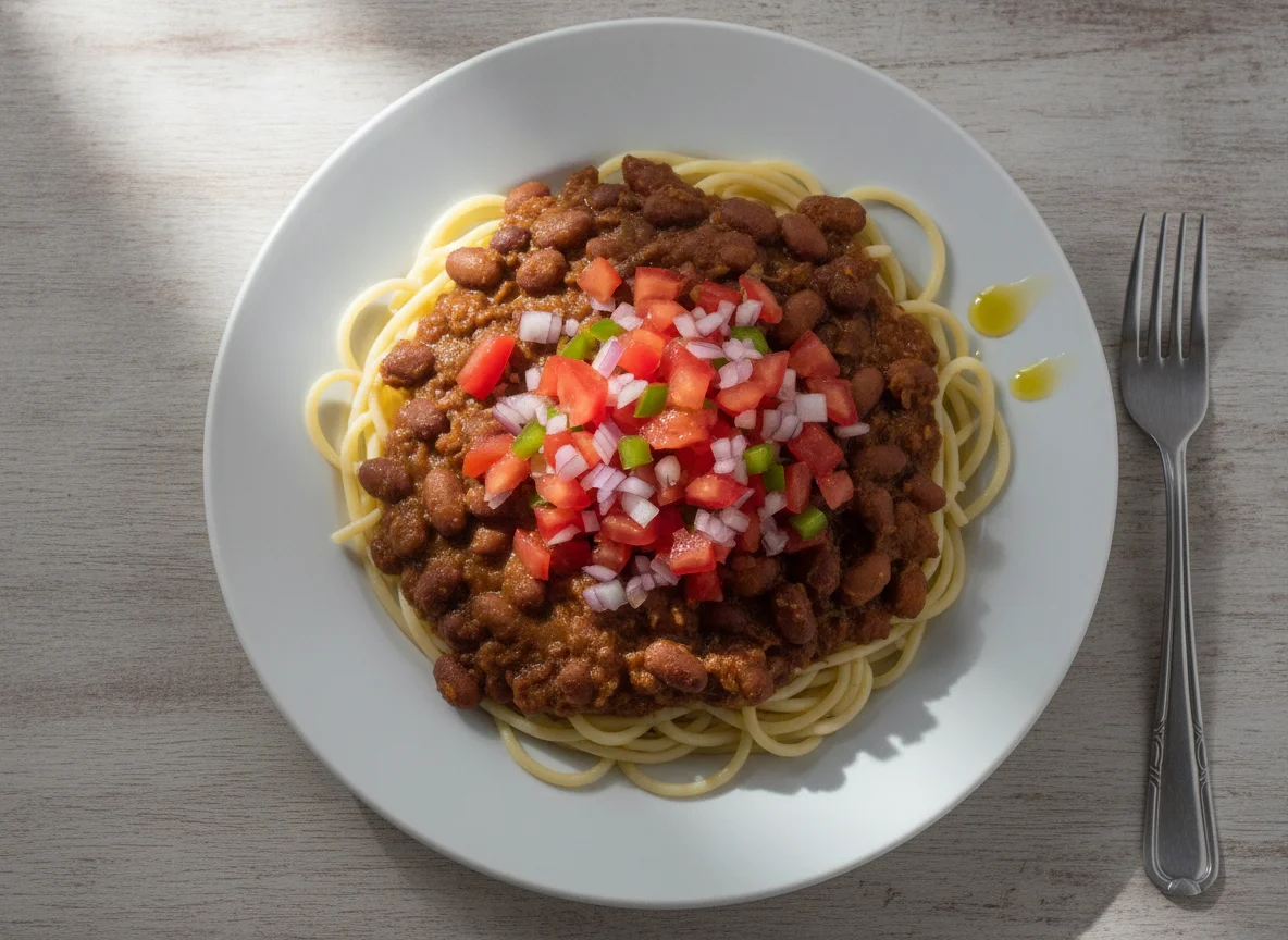 Macarrão com feijão e vinagrete photo