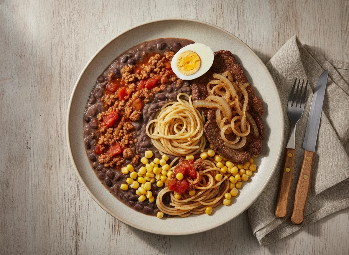 Macarrão com feijão, ovos e bife de fígado photo
