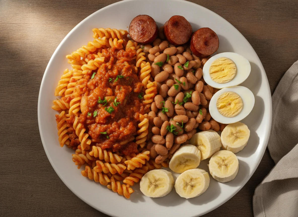 Macarrão com feijão, salsicha, ovos cozidos e banana photo