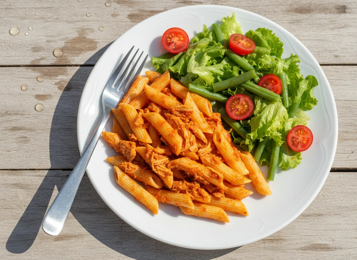 Macarrão com frango ao molho e salada photo