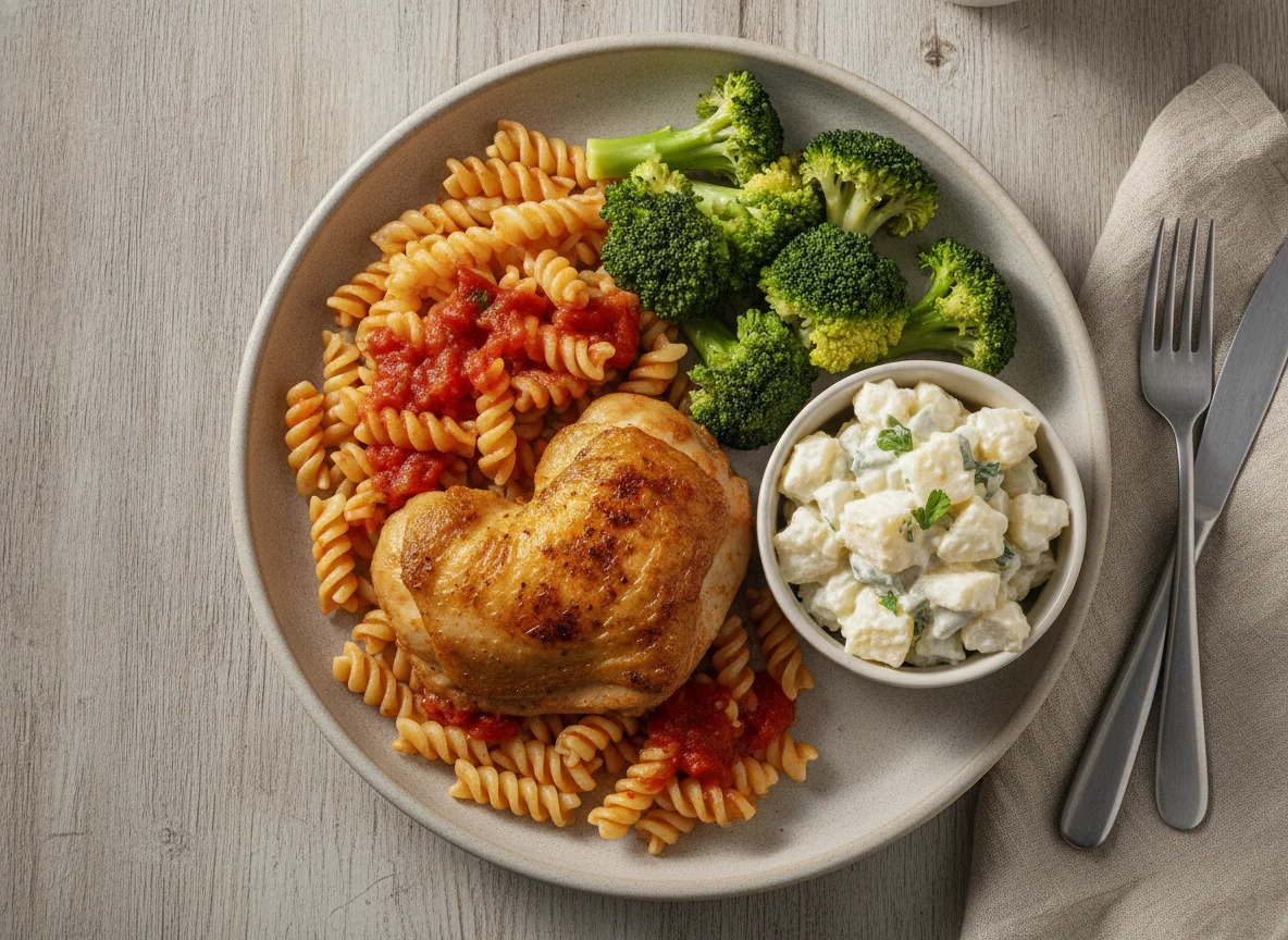 Macarrão com frango assado, brócolis e salada de maionese photo
