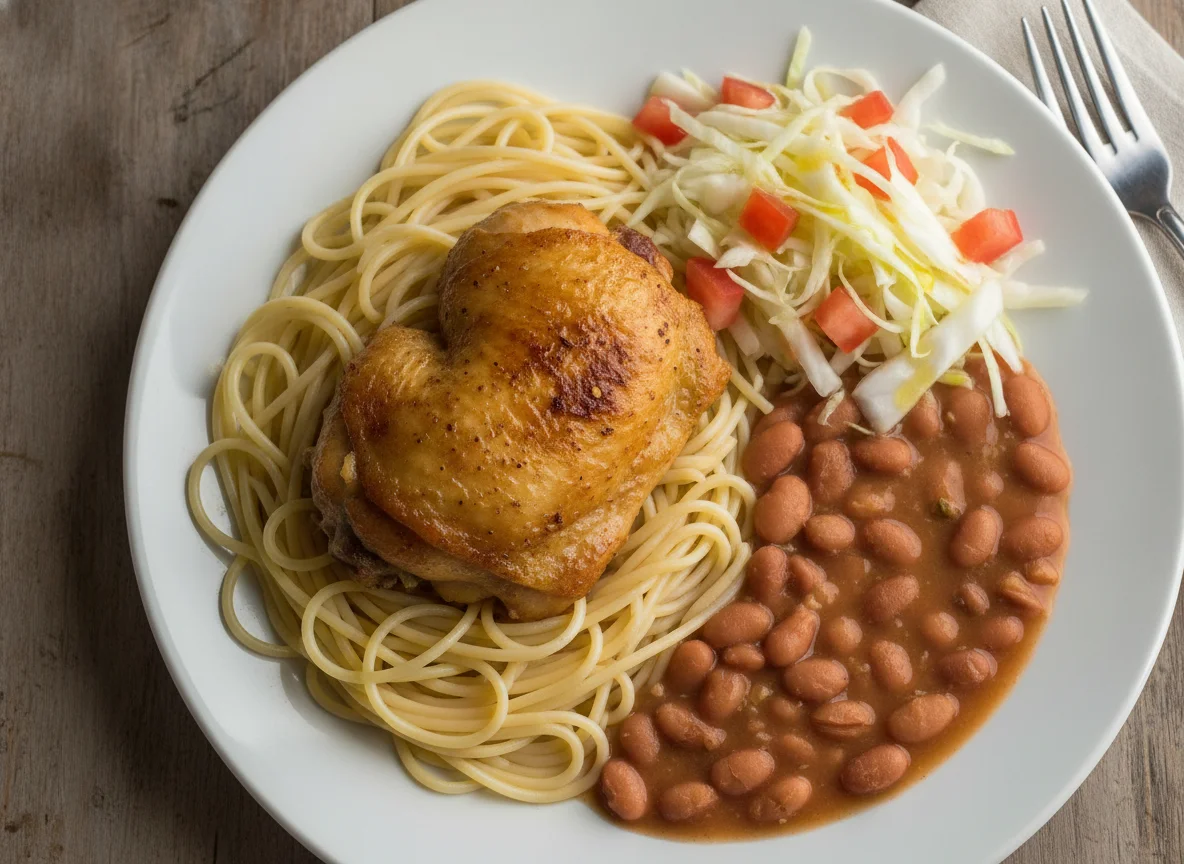 Macarrão com frango assado, feijão e salada photo