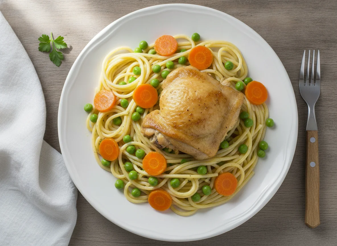 Macarrão com frango, cenoura e ervilha photo