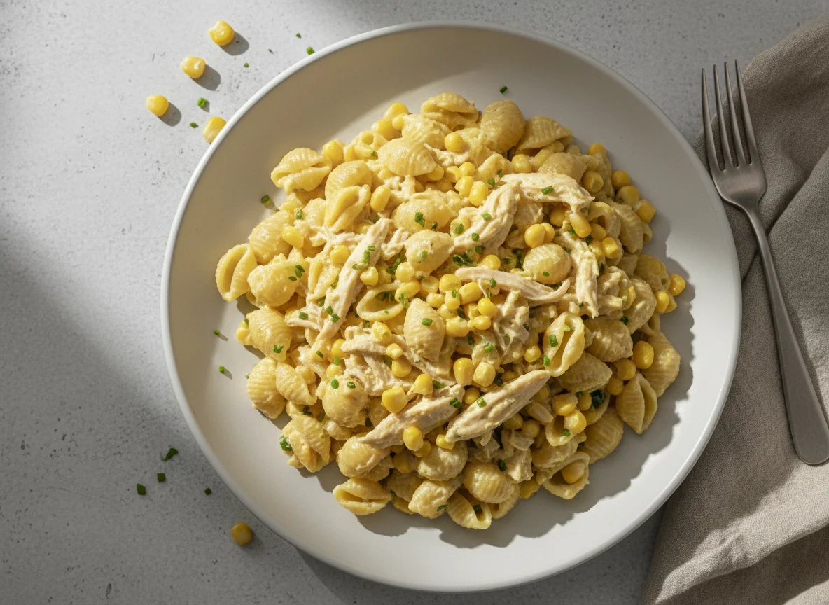 Macarrão com frango cremoso e milho photo
