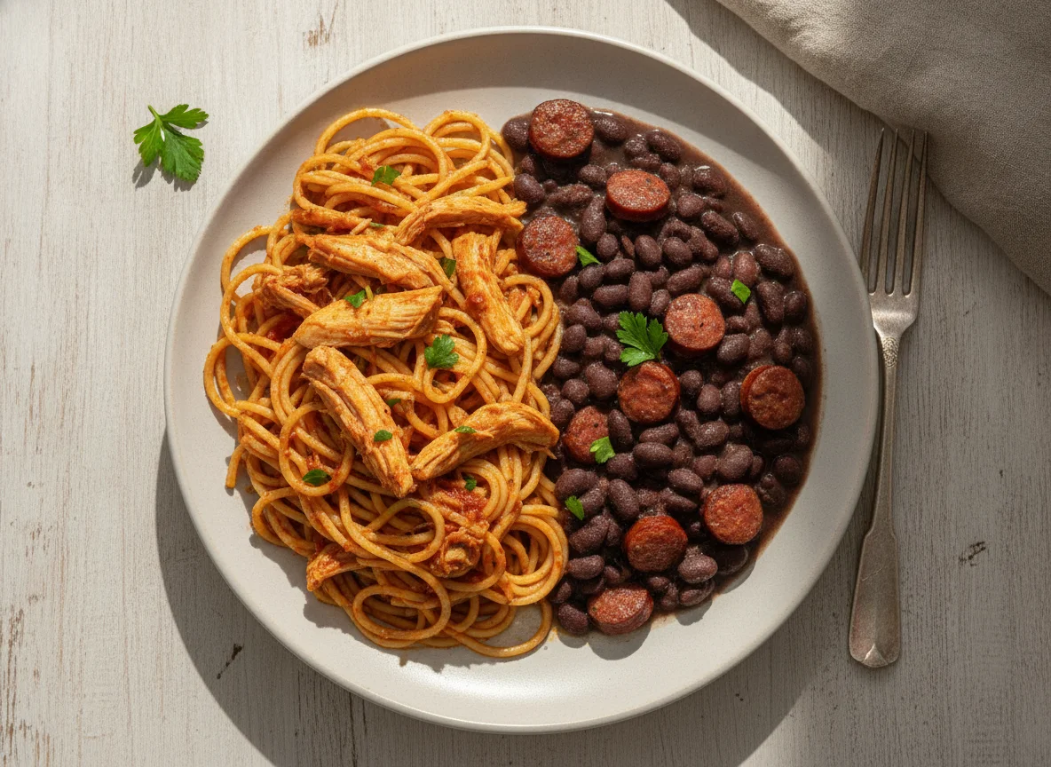 Macarrão com frango desfiado e feijão com linguiça photo