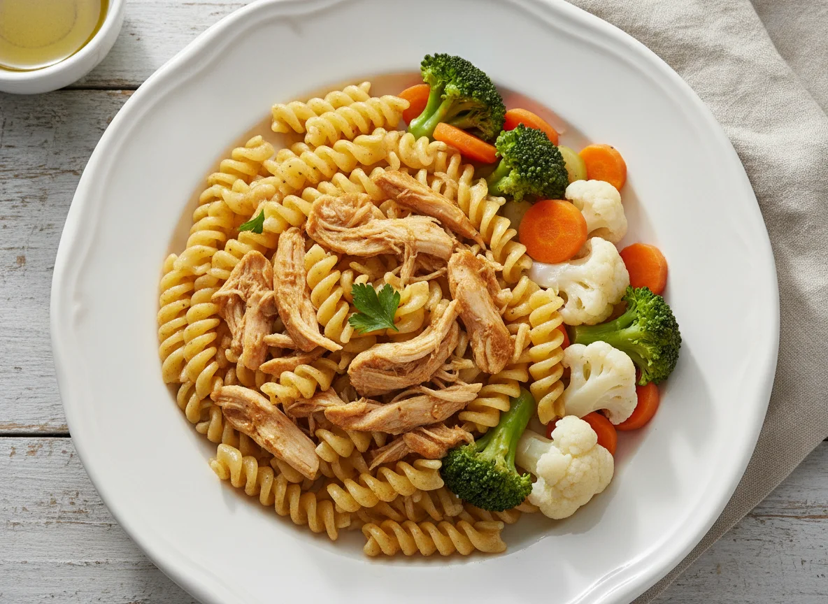 Macarrão com frango desfiado e legumes no vapor photo