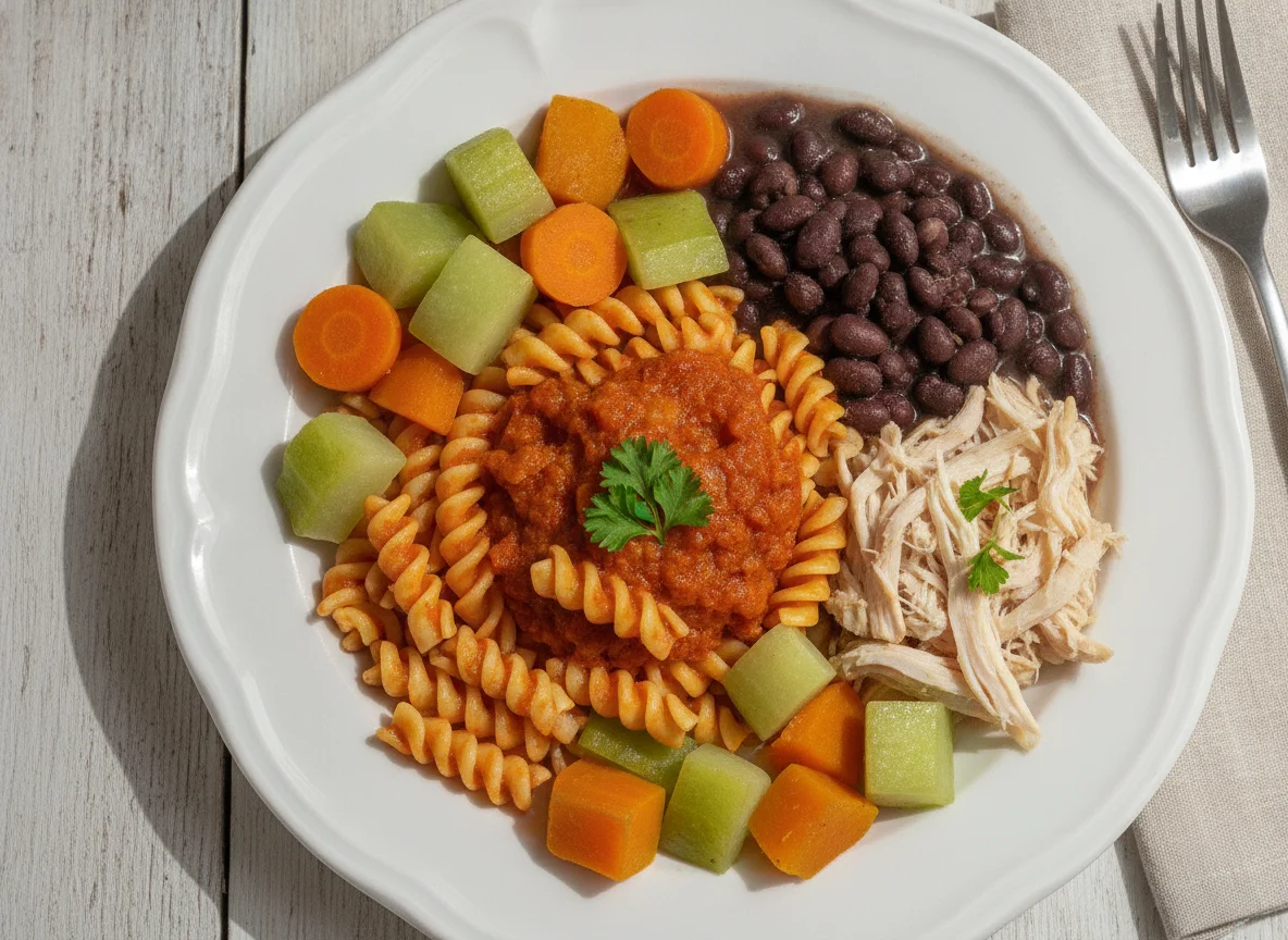 Macarrão com frango desfiado, feijão e legumes photo