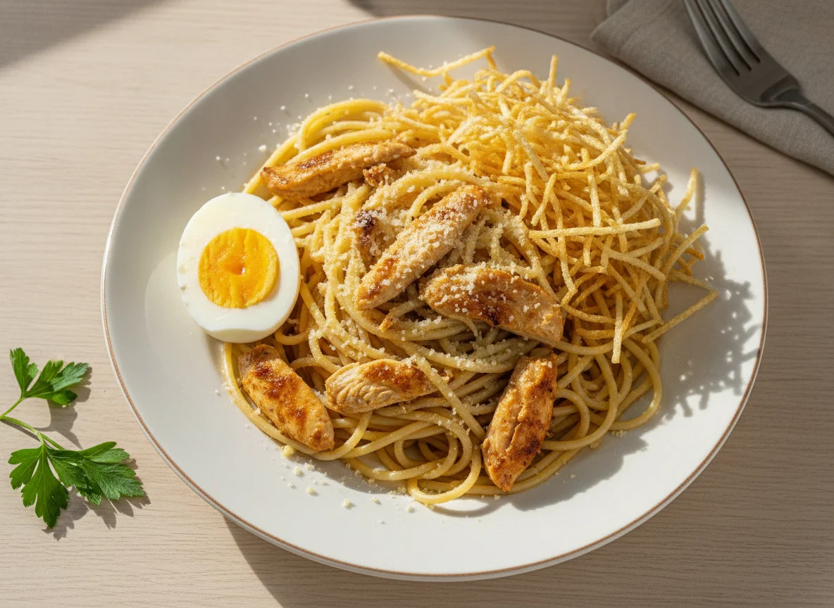 Macarrão com frango desfiado, ovo e batata palha photo