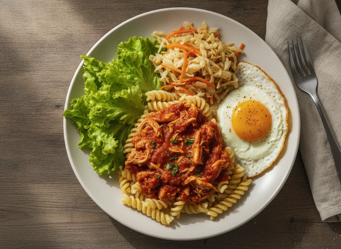 Macarrão com frango desfiado, ovo frito e salada photo