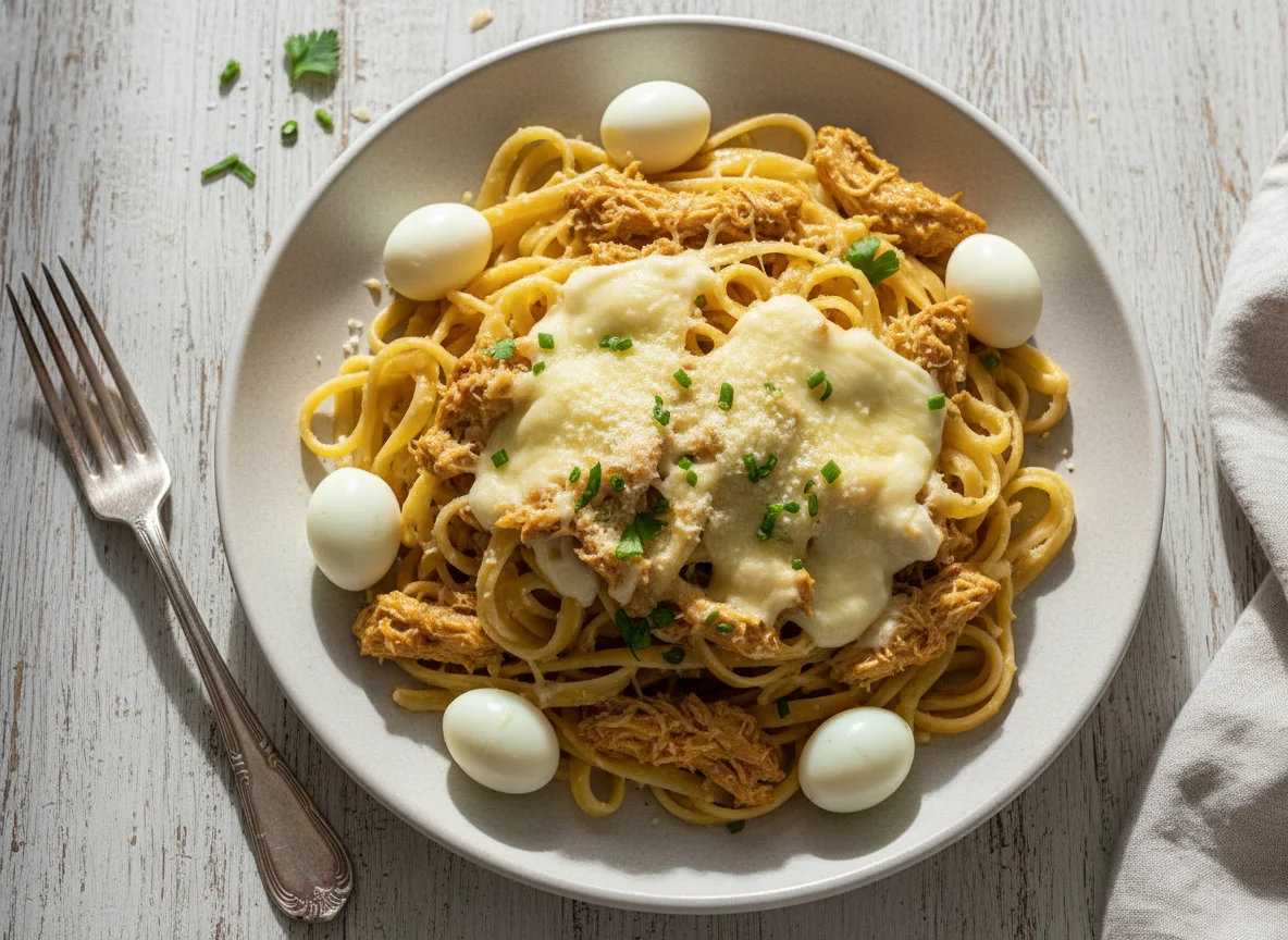 Macarrão com frango desfiado, queijo e ovos de codorna photo