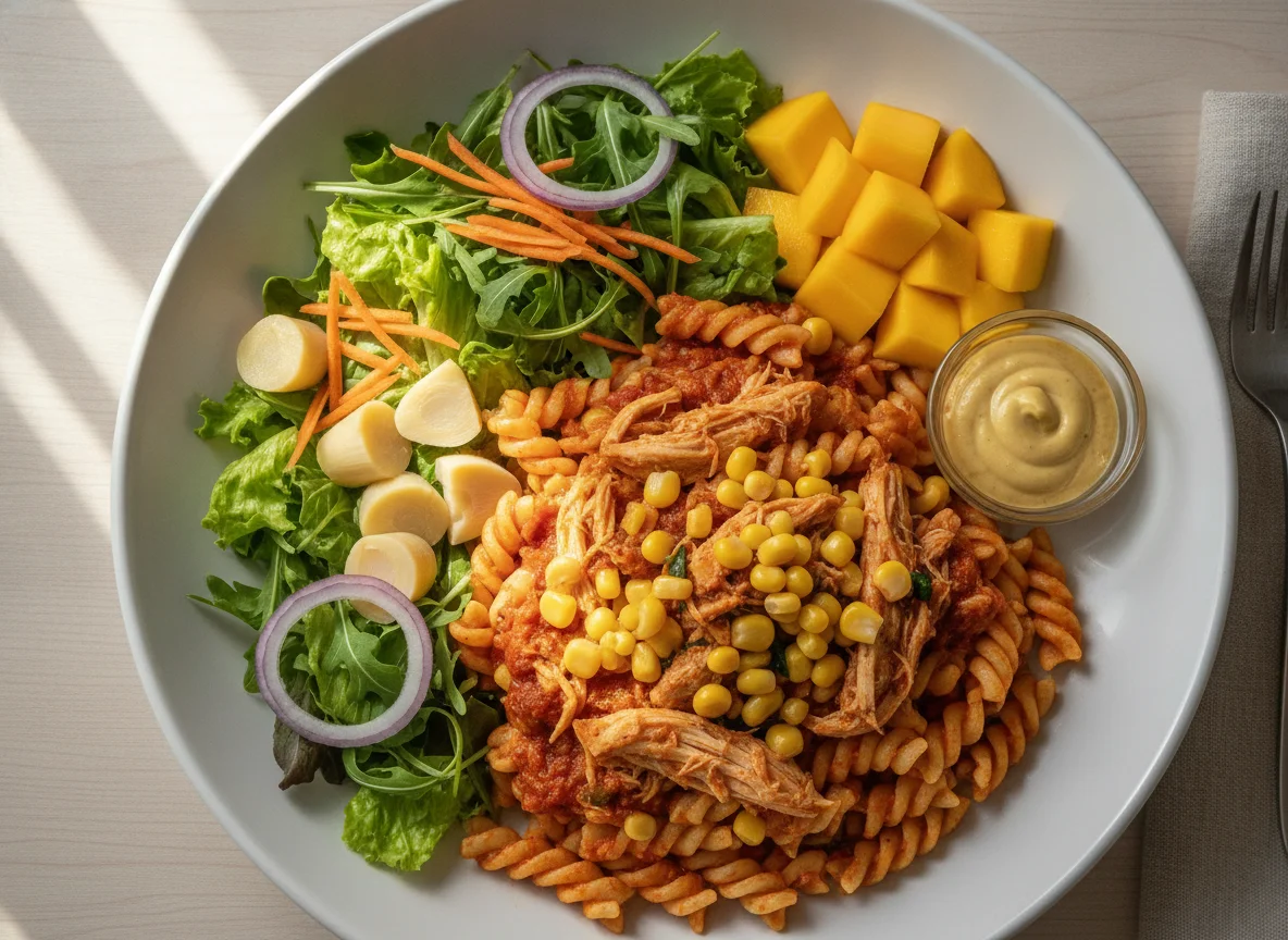 Macarrão com frango desfiado, salada e manga photo