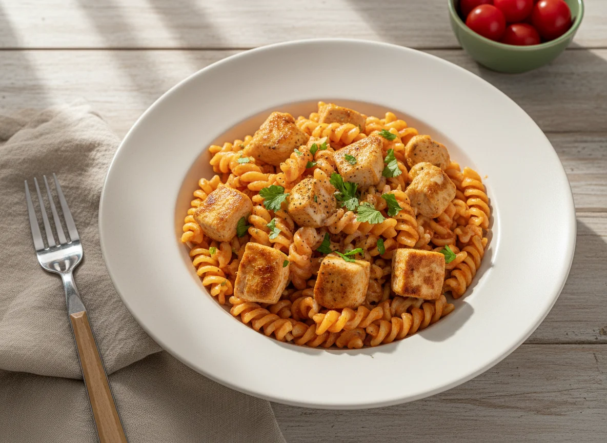 Macarrão com frango e molho photo