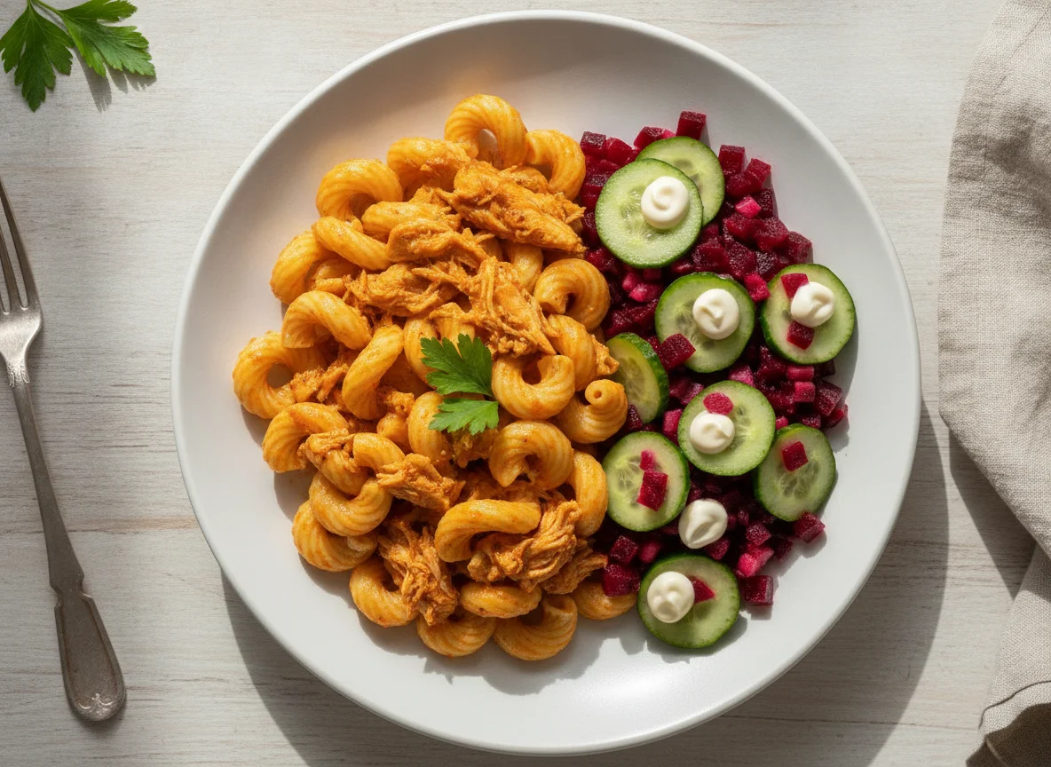 Macarrão com frango e salada de beterraba com pepino e maionese photo