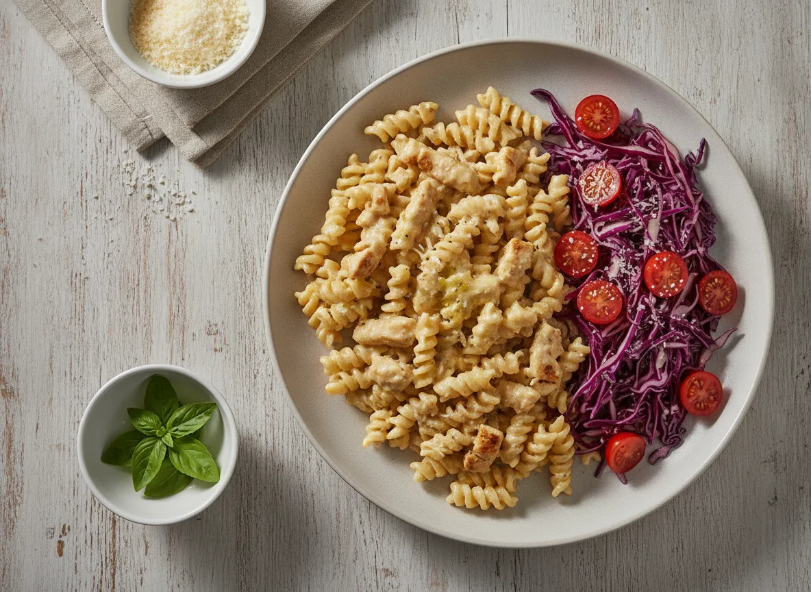 Macarrão com frango e salada de repolho roxo photo