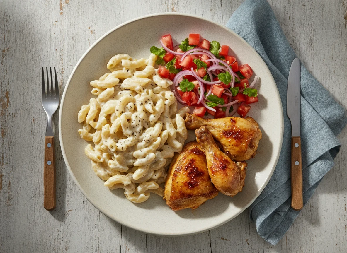 Macarrão com frango e salada de tomate photo