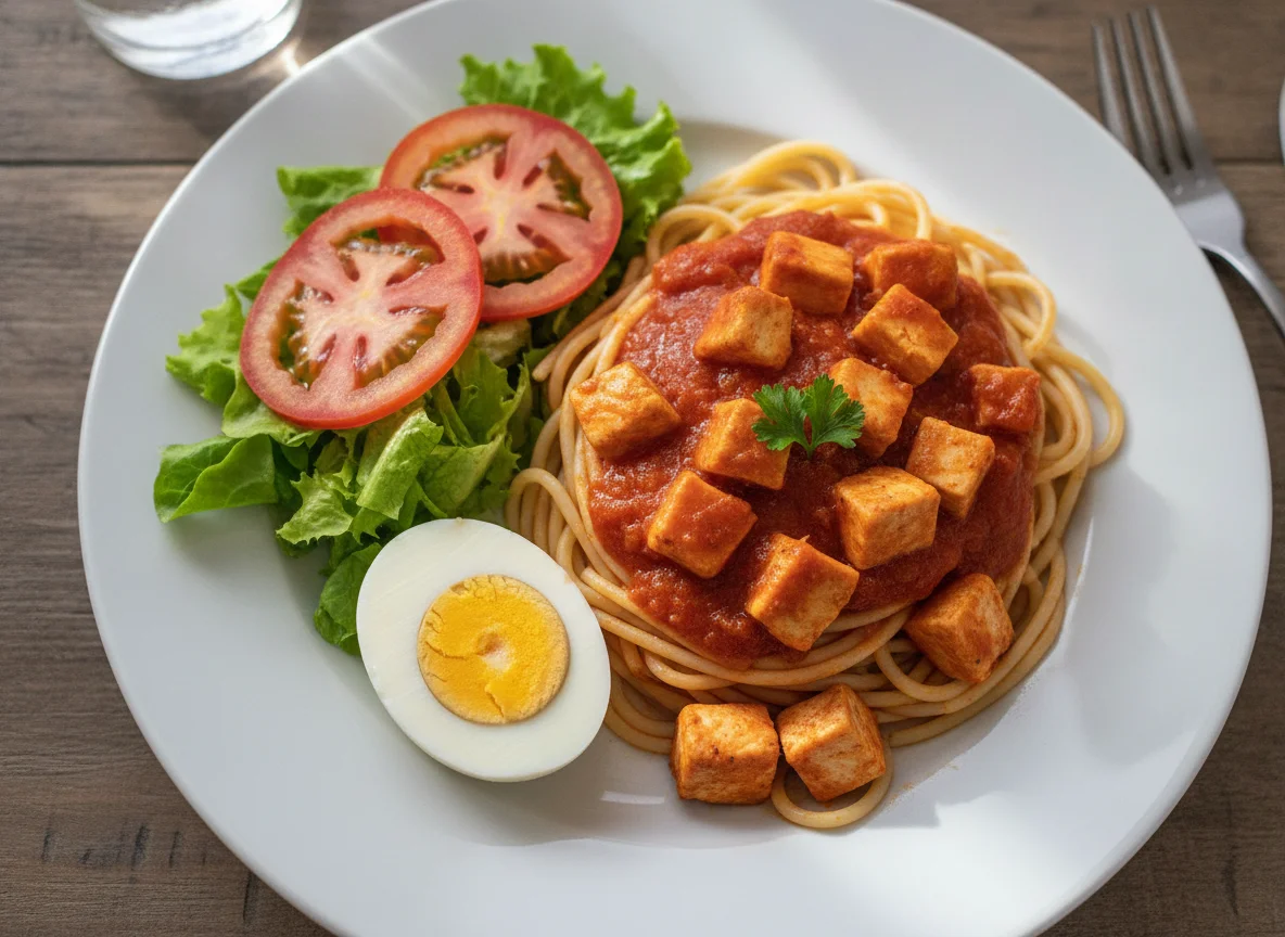 Macarrão com frango em cubos, ovo e salada photo