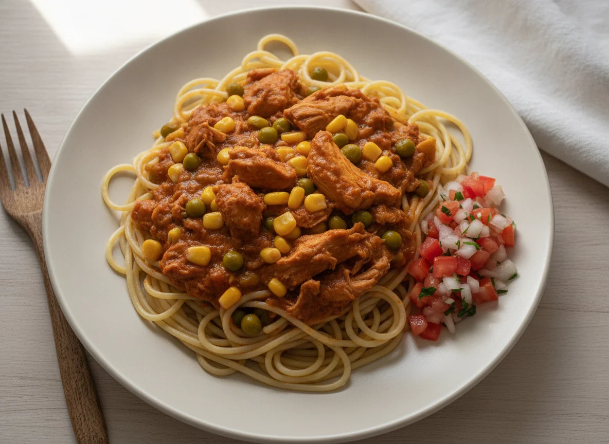 Macarrão com Frango Ensopado, Milho e Vinagrete photo