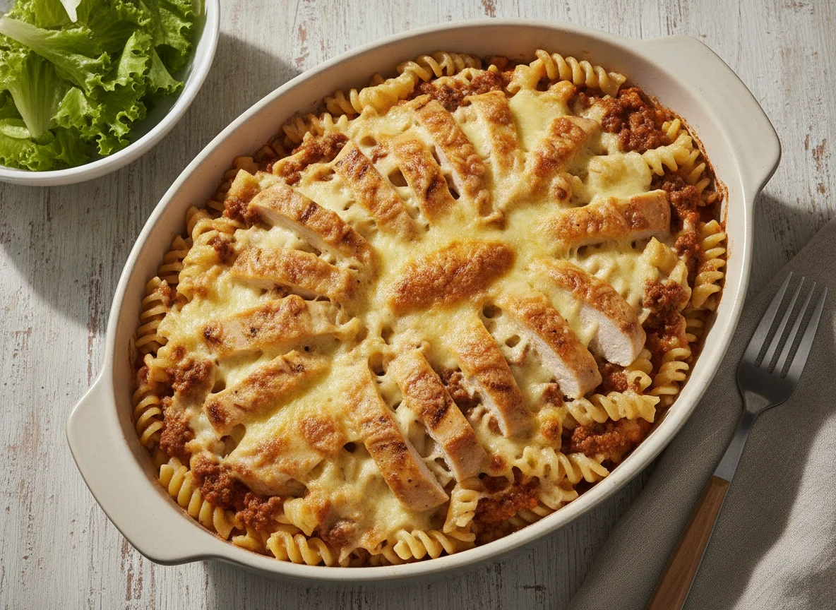 Macarrão com frango gratinado e salada photo