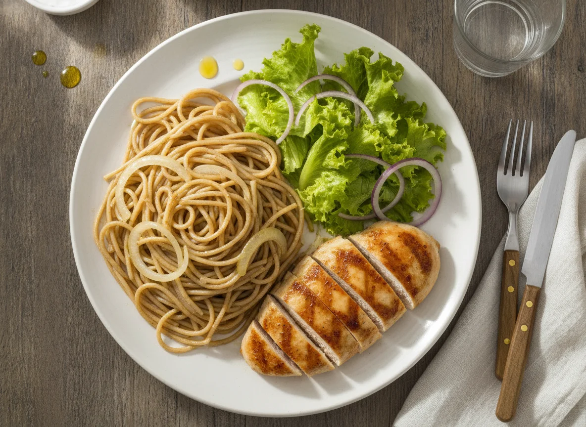 Macarrão com frango grelhado e salada photo