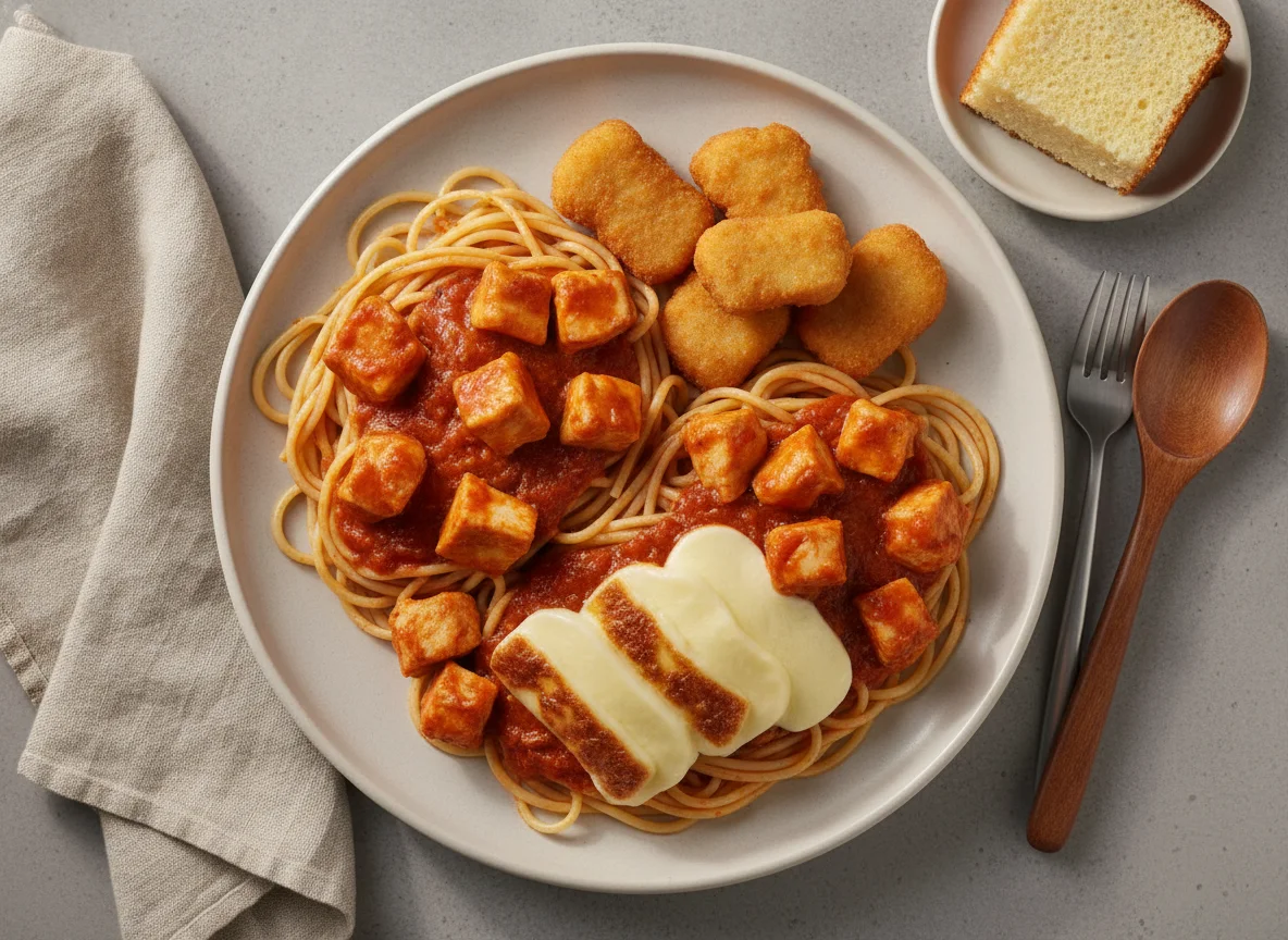 Macarrão com frango, nuggets, queijo e bolo photo
