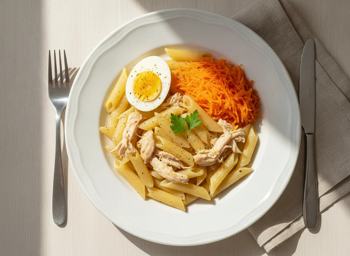 Macarrão com frango, ovo cozido e cenoura ralada photo