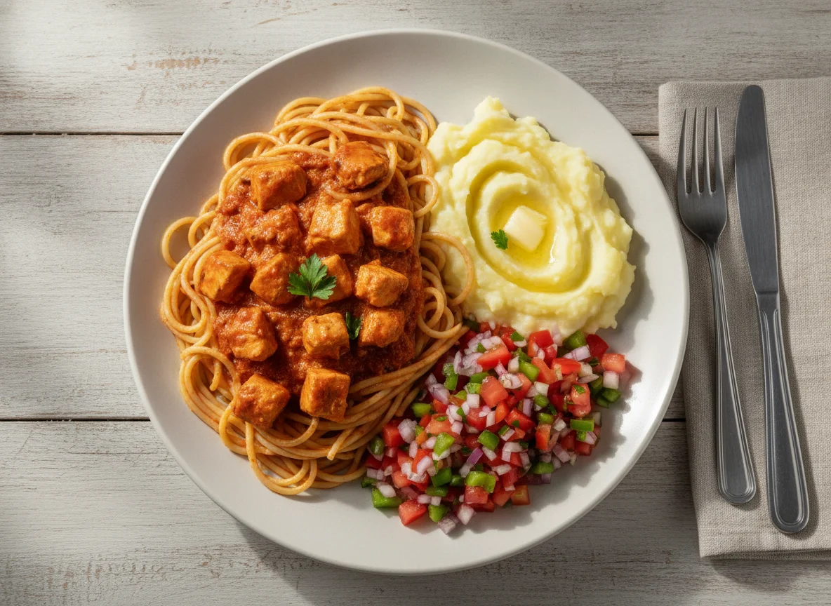 Macarrão com frango, purê de batata e vinagrete photo
