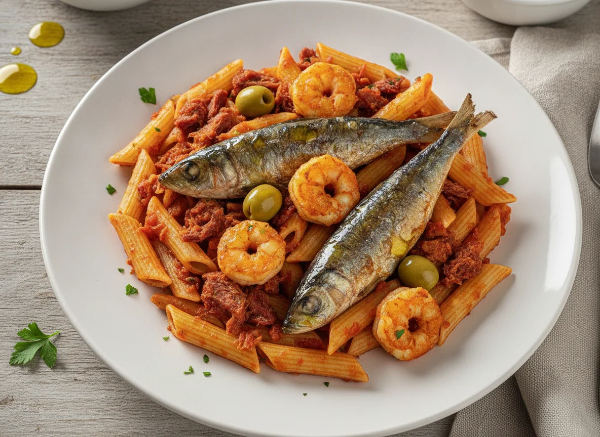 Macarrão com frutos do mar e sardinha photo
