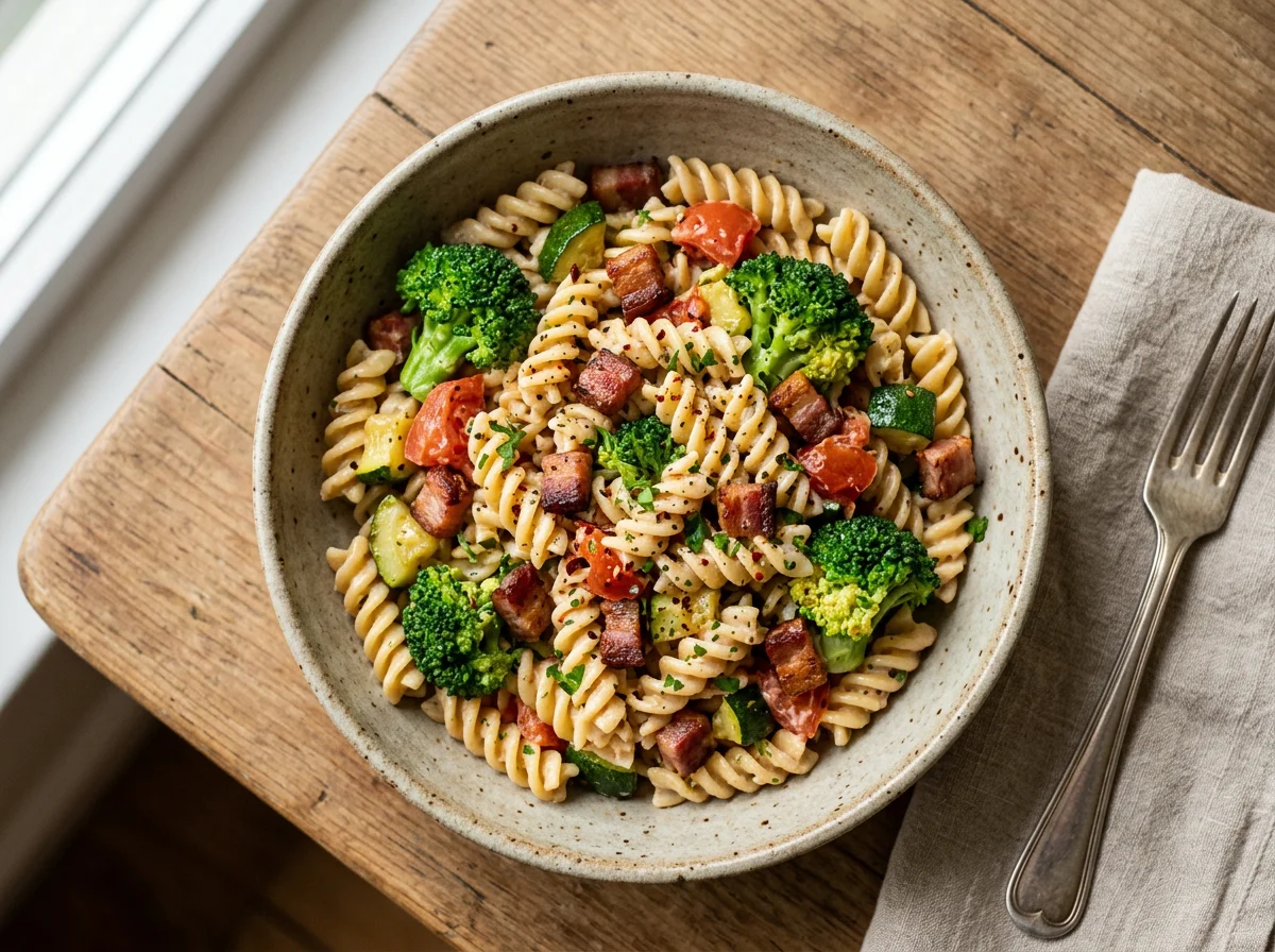 Macarrão com legumes e bacon photo