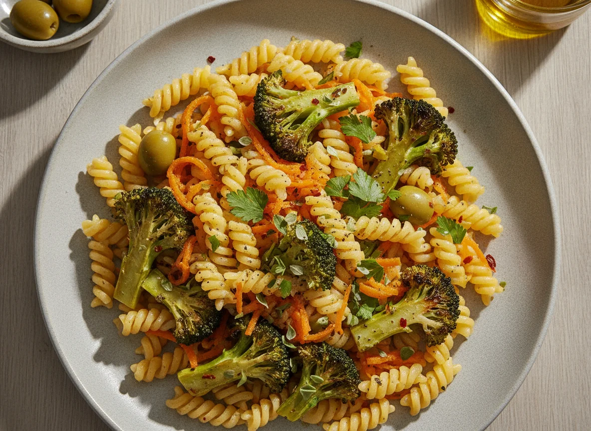 Macarrão com legumes e brócolis assado photo
