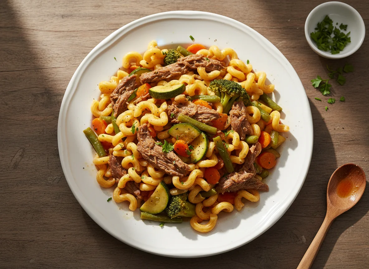 Macarrão com legumes e carne photo