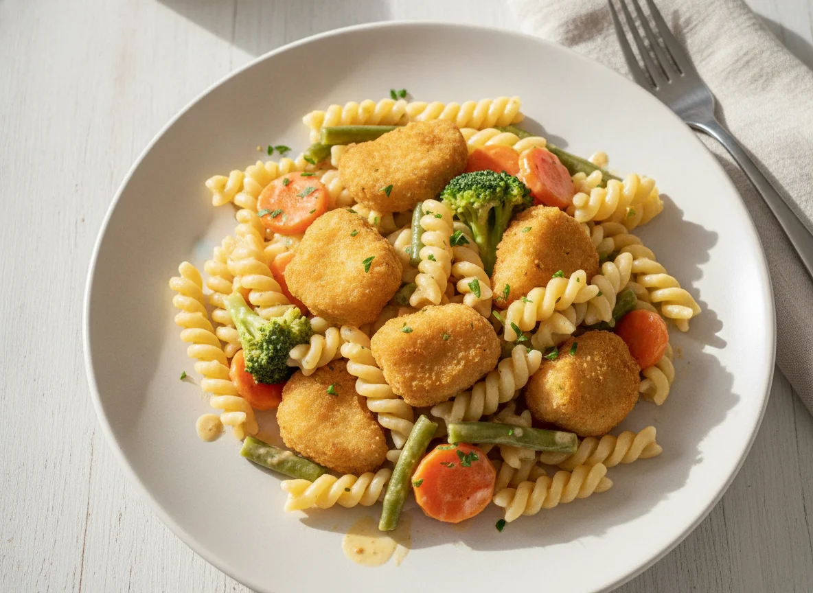 Macarrão com legumes e nuggets de frango photo