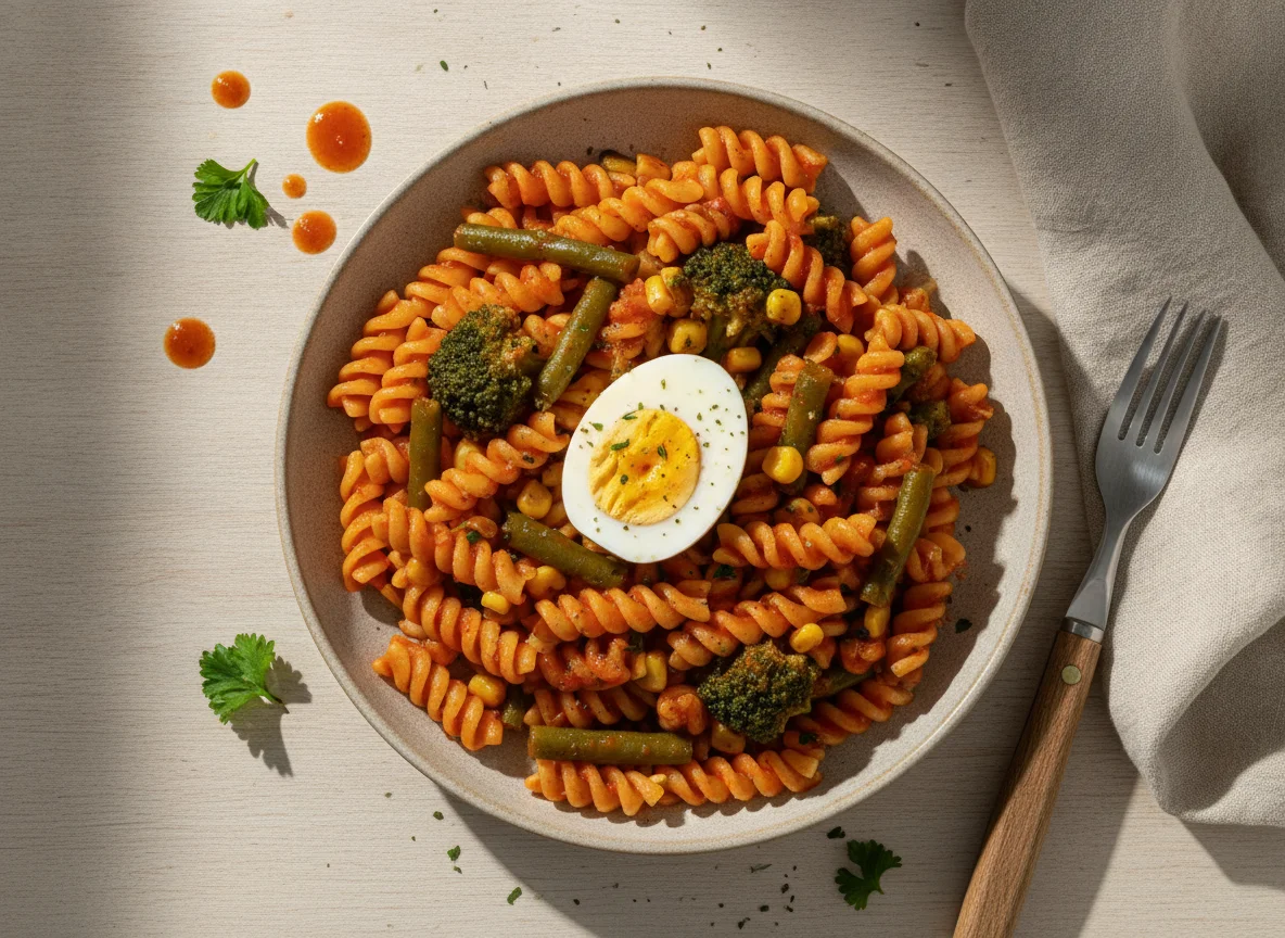 Macarrão com legumes e ovo cozido photo