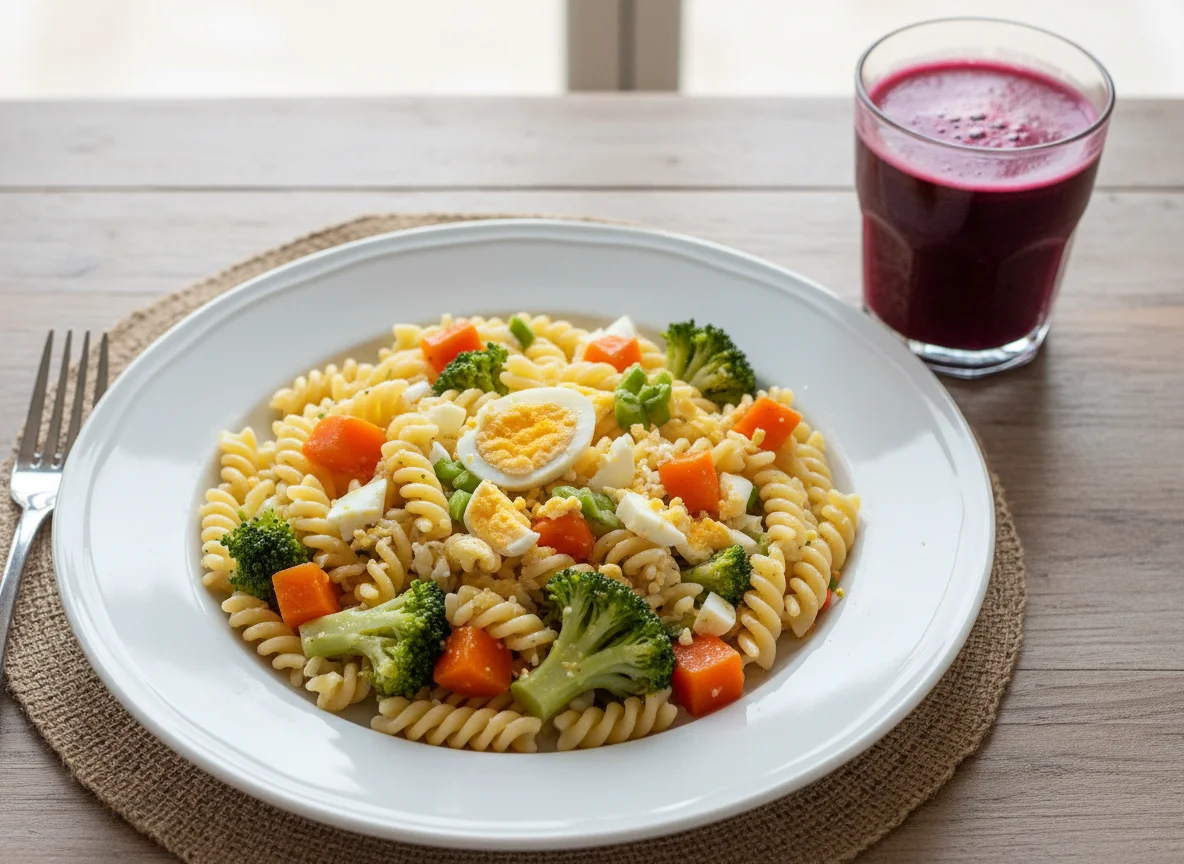 Macarrão com legumes e suco de beterraba photo