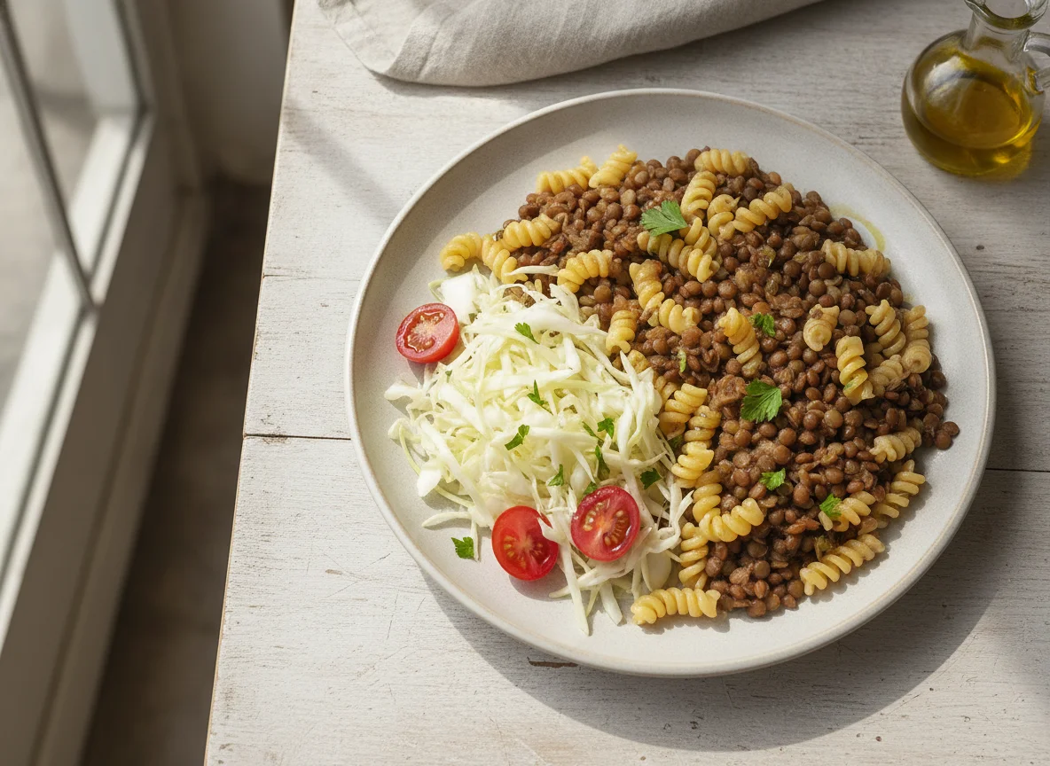 Macarrão com lentilha e salada de repolho com tomate photo
