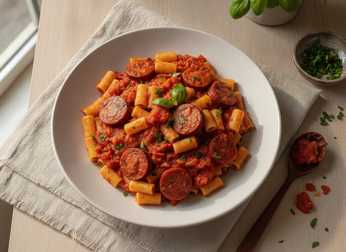 Macarrão com linguiça e molho de tomate photo