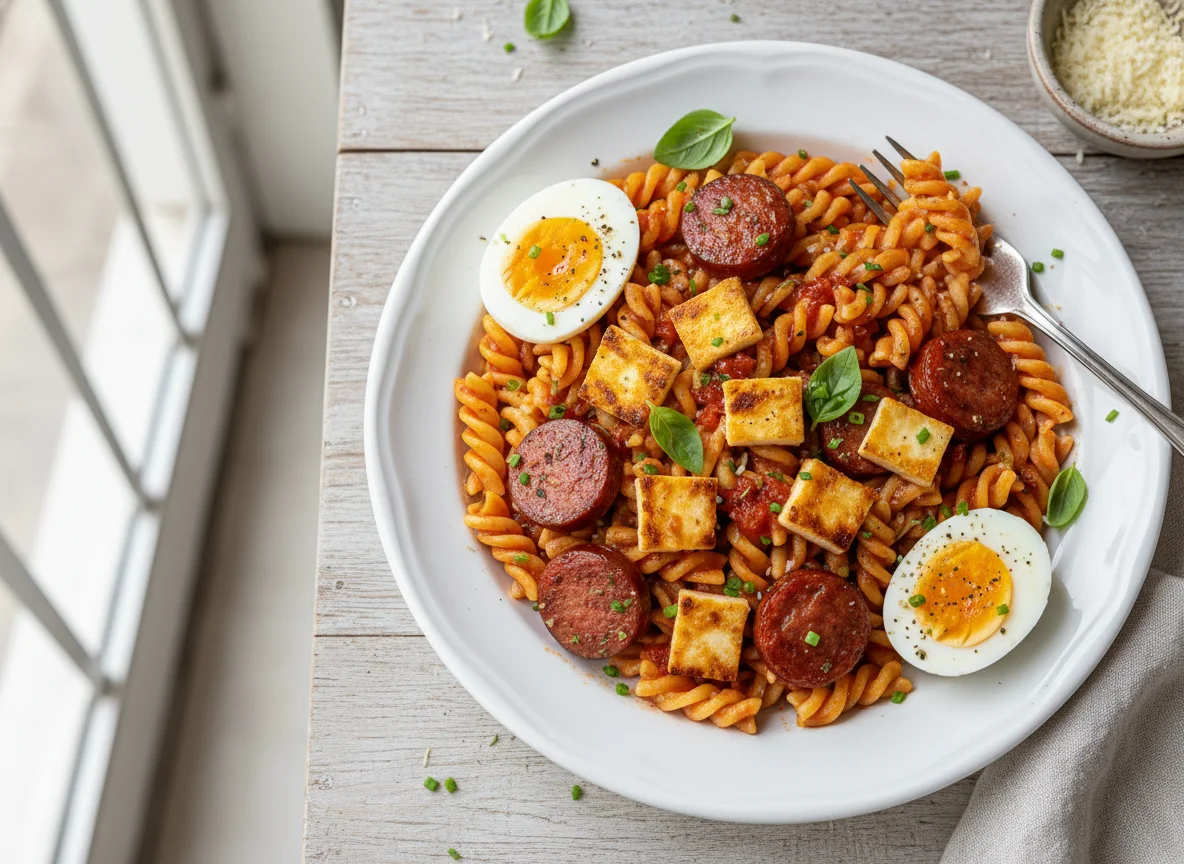 Macarrão com linguiça, queijo e ovos cozidos photo