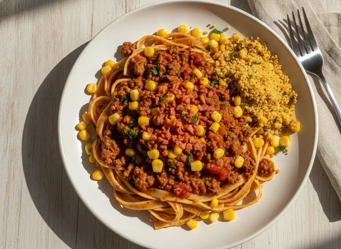 Macarrão com molho bolonhesa, milho e farofa photo