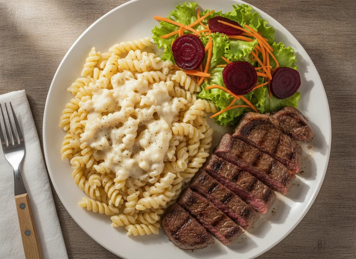 Macarrão com molho branco, bife e salada photo