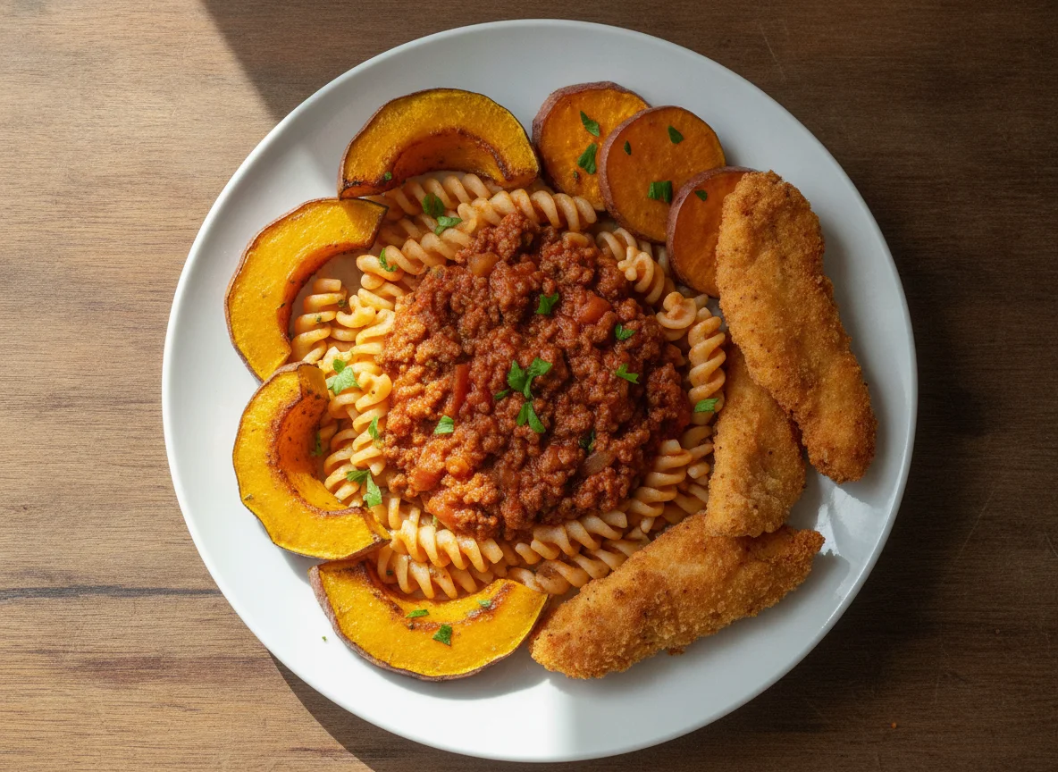 Macarrão com molho de carne, abóbora assada e batata-doce photo