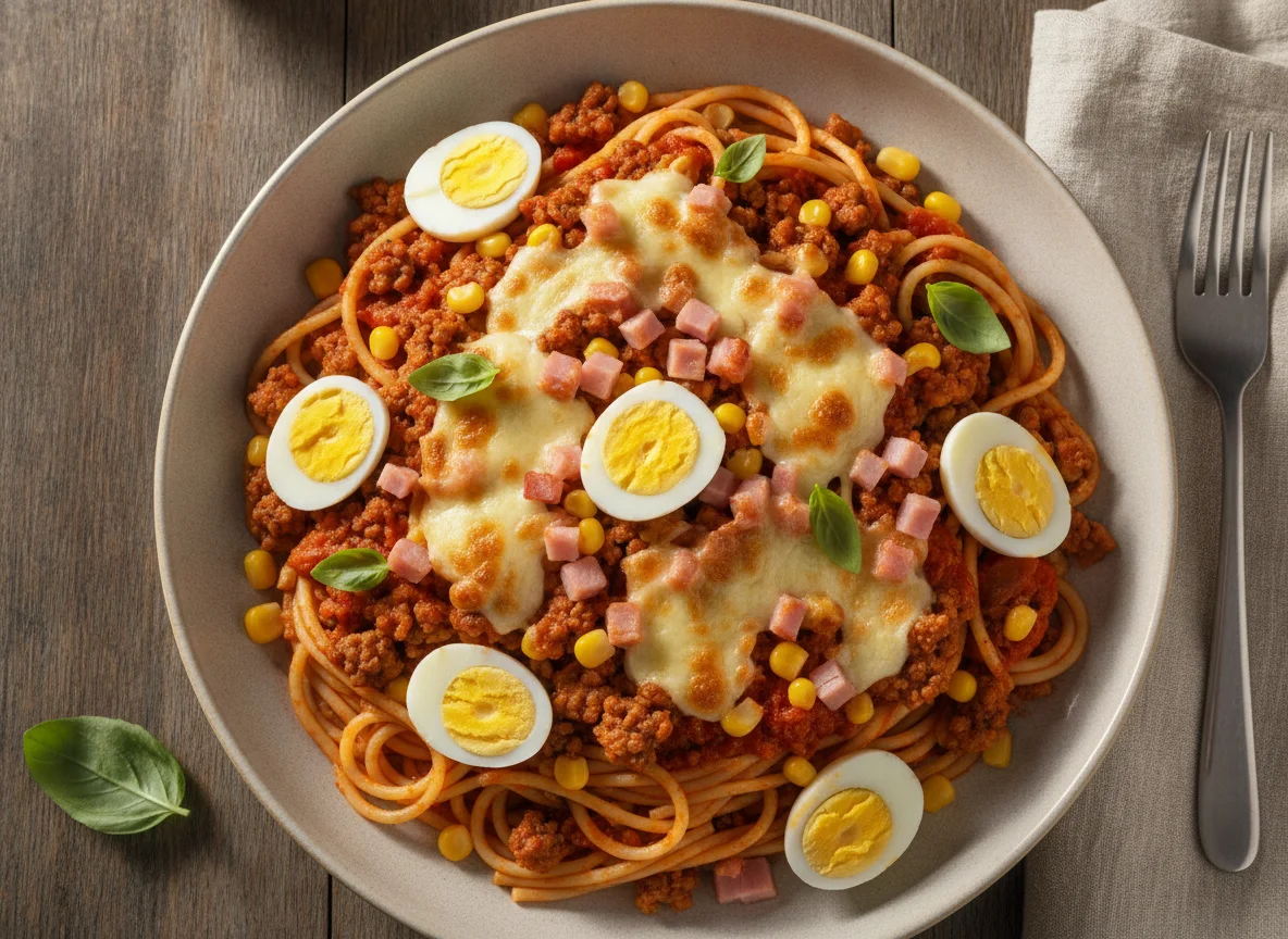 Macarrão com molho de carne, milho e ovo photo