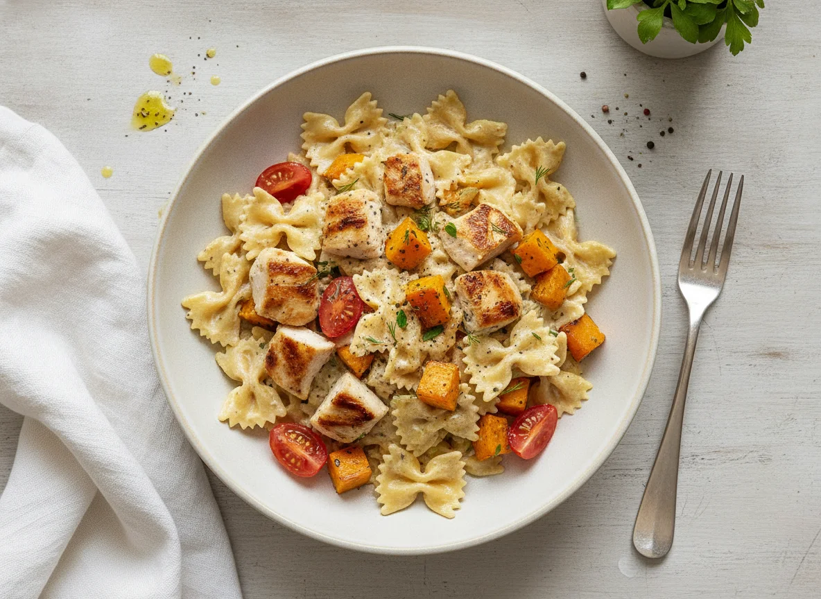 Macarrão com molho de iogurte, frango e abóbora photo