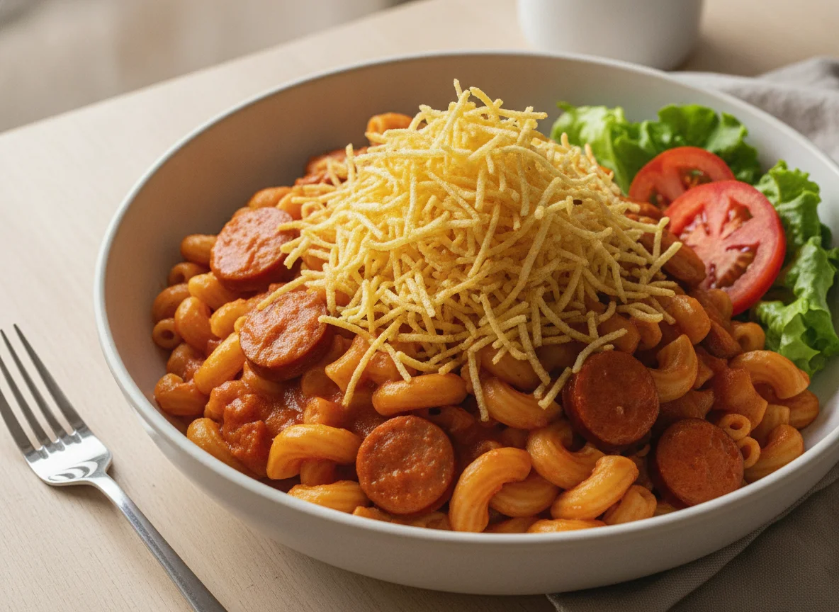 Macarrão com molho de salsicha e batata palha photo