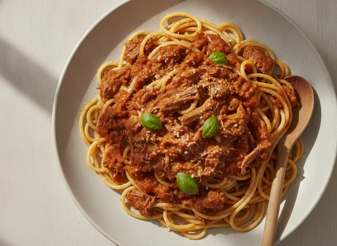 Macarrão com molho de tomate e carne photo