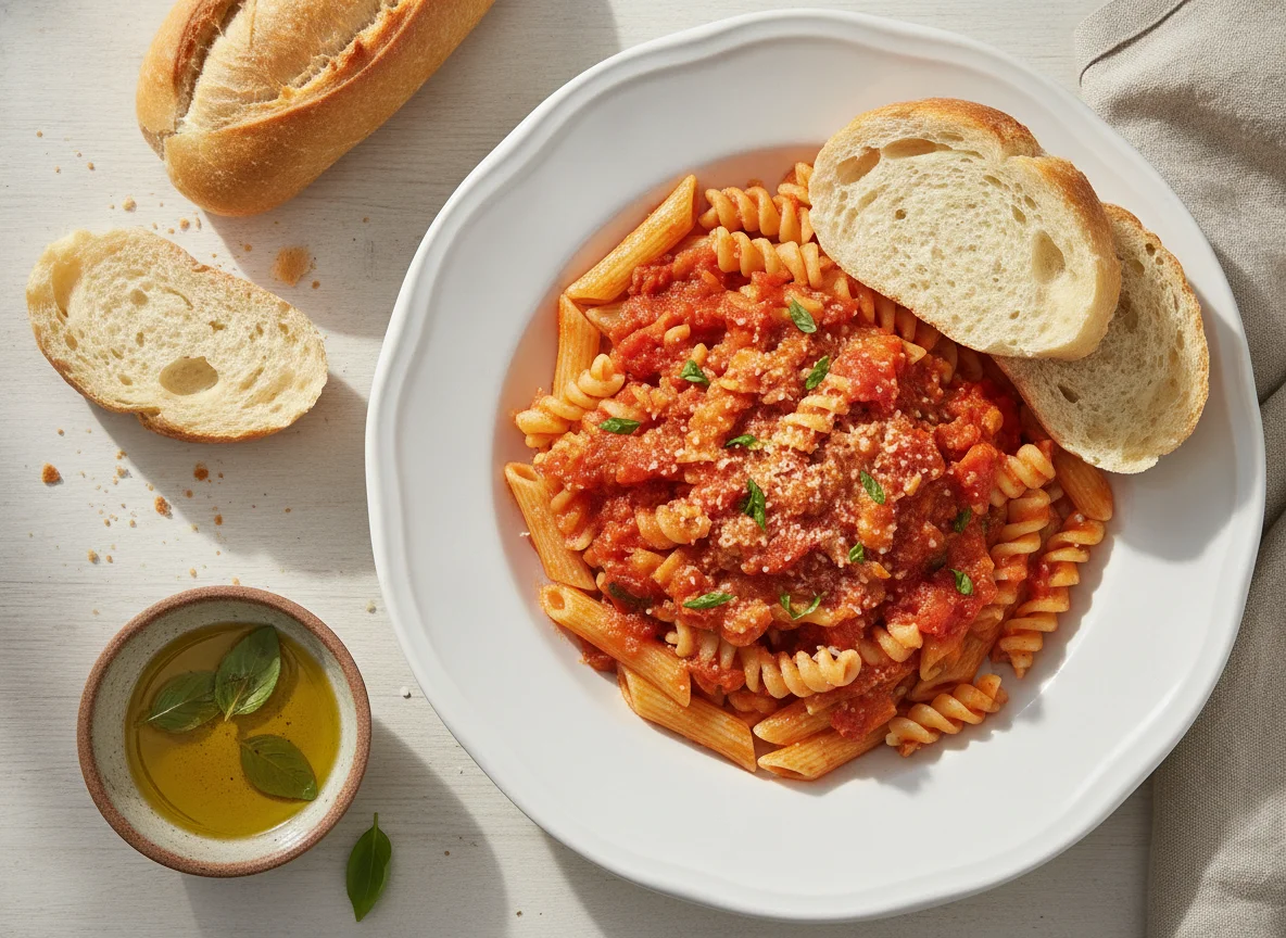 Macarrão com molho de tomate e pão photo