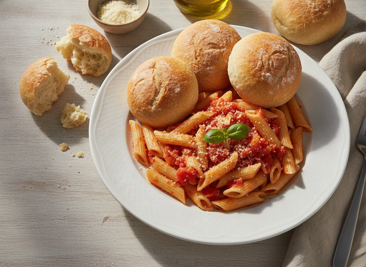 Macarrão com molho de tomate e pão de sal photo